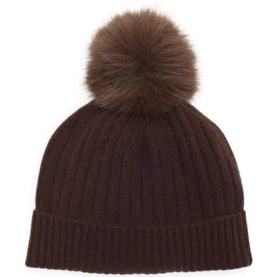 Nordstrom Cashmere Rib Beanie With Pom In Brown Coffee