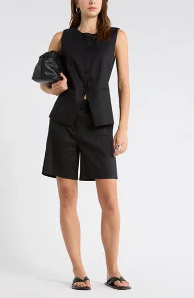 Nordstrom Collarless Cutaway Linen Blend Vest In Black