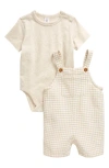 Nordstrom Babies'  Cotton Bodysuit & Shortalls Set In Beige Oyster Gingham- Oatmeal
