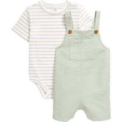 Nordstrom Cotton Bodysuit & Shortalls Set In Green Mirror- White Stripe