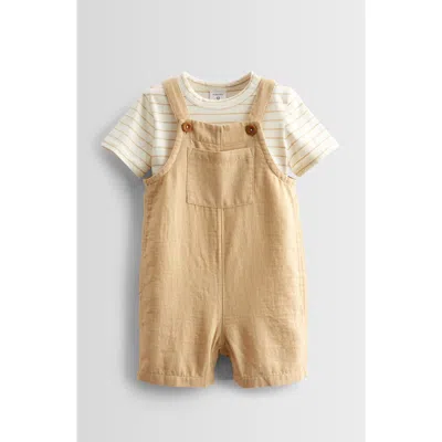 Nordstrom Cotton Bodysuit & Shortalls Set In Ivory Egret Stripe- Tan Shore