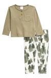 Nordstrom Babies'  Cotton Henley Top & Print Pants Set In Green Vetiver- Ivory Forest