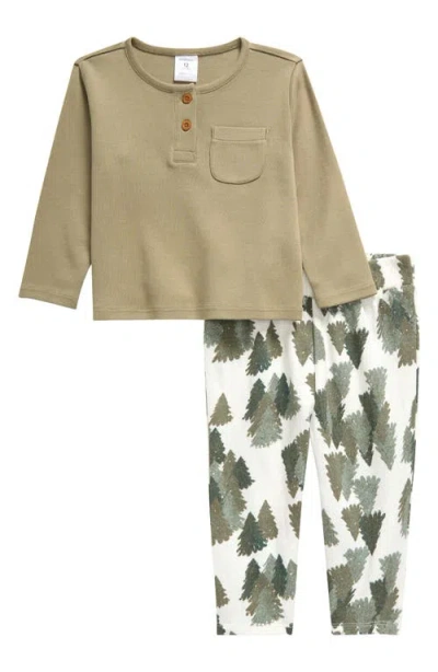 Nordstrom Cotton Henley Top & Print Pants Set In Green Vetiver- Ivory Forest