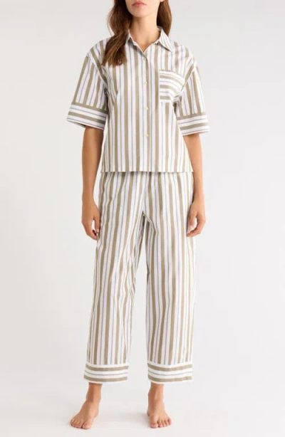 Nordstrom Cotton Pajamas In White- Olive Aloe Syd Stripe