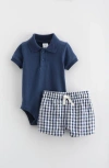 Nordstrom Babies'  Cotton Polo Bodysuit & Shorts Set In Navy Denim- Navy Gingham