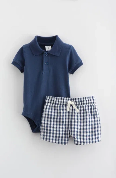 Nordstrom Babies'  Cotton Polo Bodysuit & Shorts Set In Navy Denim- Navy Gingham