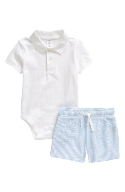 Nordstrom Babies' Cotton Polo Bodysuit & Shorts Set In White- Blue Airy Stripe