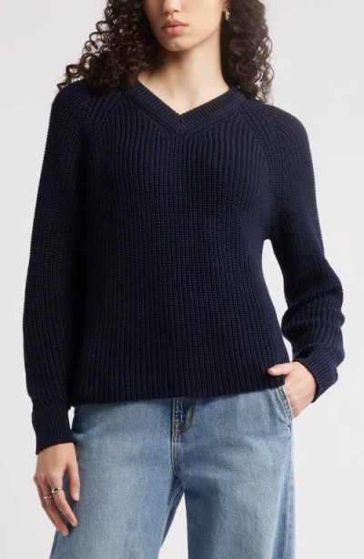 Nordstrom Cotton V-neck Sweater In Navy Night