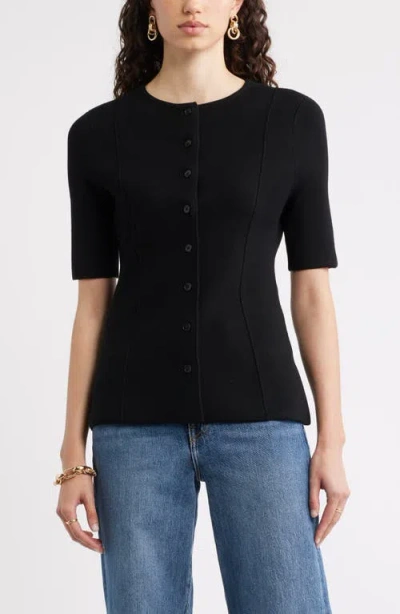 Nordstrom Crewneck Elbow Sleeve Cardigan In Black
