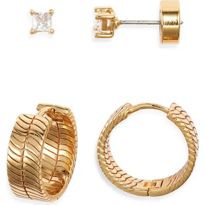 Nordstrom Demifine Herringbone Hoop & Cubic Zirconia Stud Set In Gold