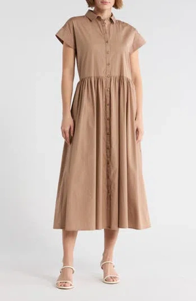 Nordstrom Drop Waist Button Front Cotton Midi Dress In Brown