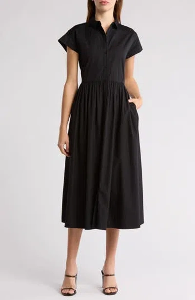 Nordstrom Drop Waist Button Front Cotton Midi Dress In Black