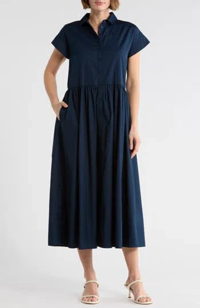 Nordstrom Drop Waist Button Front Cotton Midi Dress In Blue