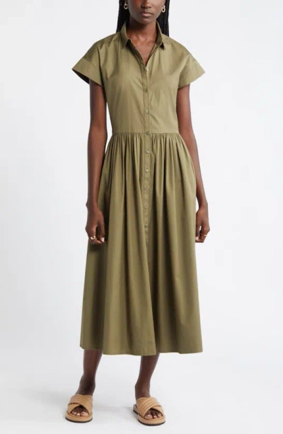 Nordstrom Drop Waist Button Front Cotton Midi Dress In Olive Burnt