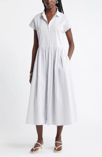 Nordstrom Drop Waist Button Front Cotton Midi Dress In White- Navy Blazer Jenn Stripe