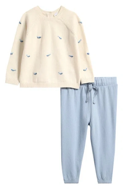 Nordstrom Babies'  Embroidered Crewneck Sweater & Terry Cloth Joggers Set In Ivory Egret Whales- Blue Fog