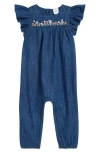 Nordstrom Embroidered Flutter Sleeve Denim Romper In Sapphire Wash Flower Field