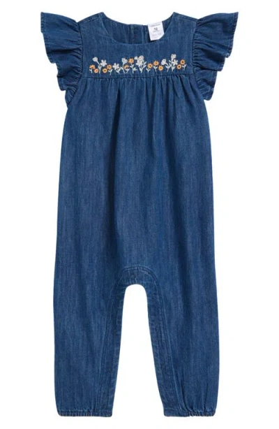 Nordstrom Babies'  Embroidered Flutter Sleeve Denim Romper In Sapphire Wash Flower Field