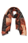 Nordstrom Eyelash Trim Print Cashmere & Silk Wrap In Black Sunbaked Leaves