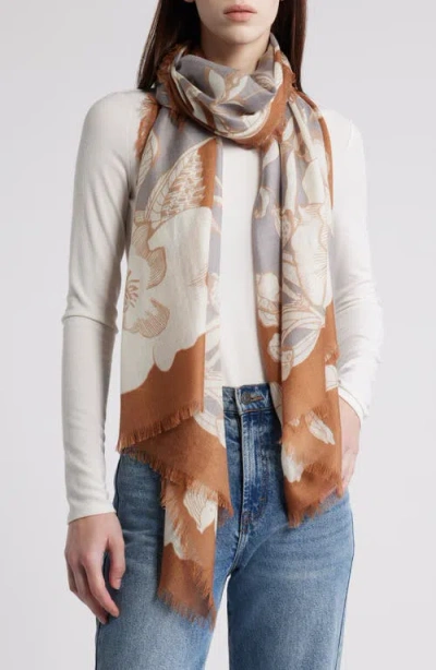 Nordstrom Eyelash Trim Print Cashmere & Silk Wrap In Grey- Tan Banded Floral
