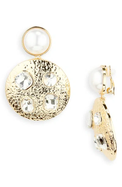 Nordstrom Faux Pearl & Crystal Medallion Drop Clip-on Earrings In Clear- White- Gold