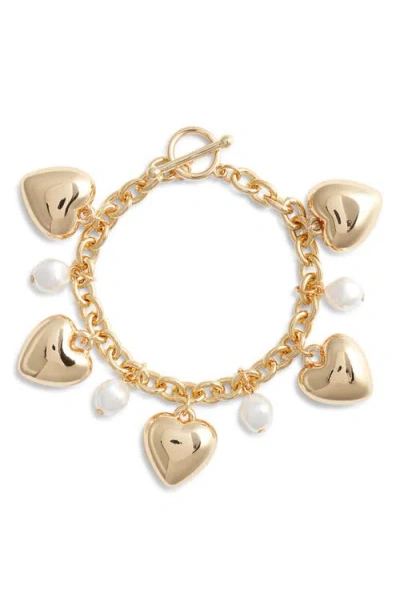 Nordstrom Faux Pearl & Heart Charm Bracelet In Gold