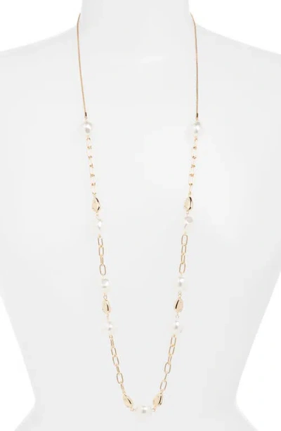 Nordstrom Faux Pearl Station Chain Long Necklace In Gold