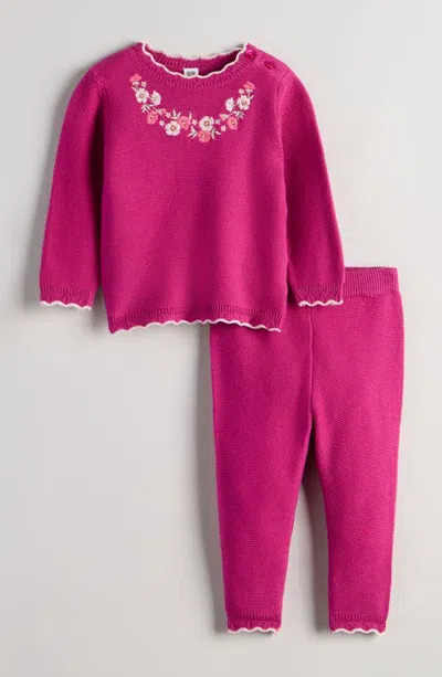 Nordstrom Babies'  Floral Embroidered Cotton Sweater & Pant Set In Purple