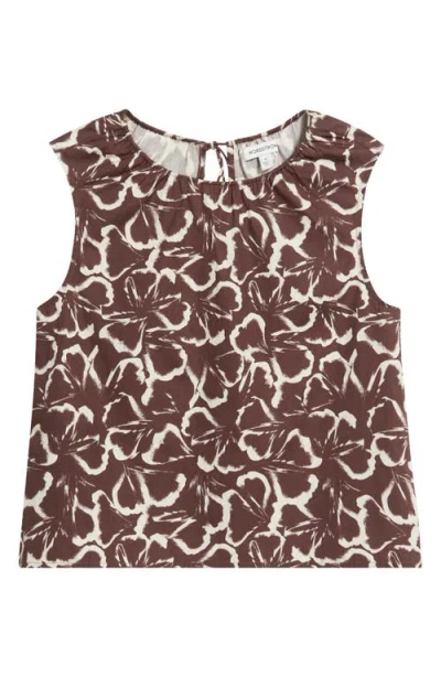 Nordstrom Floral Gathered Neck Poplin Sleeveless Top In Brown