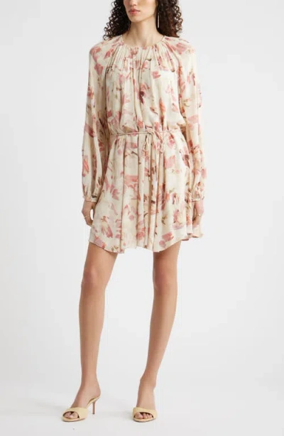 Nordstrom Floral Print Long Sleeve Minidress In Neutral