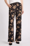 Nordstrom Floral Print Straight Leg Twill Pants In Black- Tan Carbon Floral