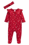 Nordstrom Babies'  Zip Front Footie & Headband Set In Red Rio Winter Birds
