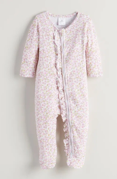 Nordstrom Babies'  Floral Ruffle Zip-up Cotton Footie In Purple