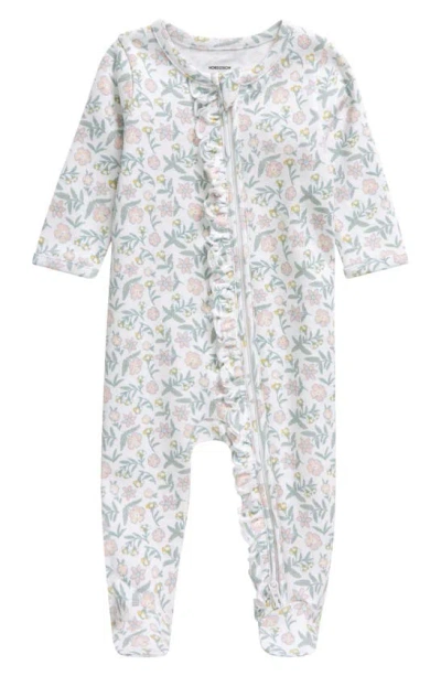 Nordstrom Babies' Floral Ruffle Zip-up Cotton Footie In White- Pink Summertime Floral