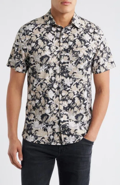 Nordstrom Floral Short Sleeve Stretch Cotton Blend Button-up Shirt In Black