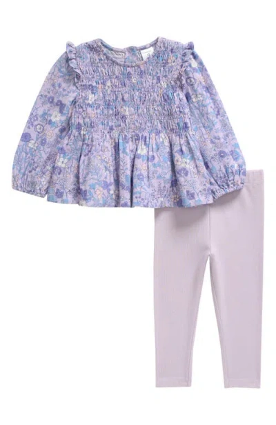 Nordstrom Babies'  Smocked Long Sleeve Top & Leggings Set In Purple Petal Prim Vine- Purple