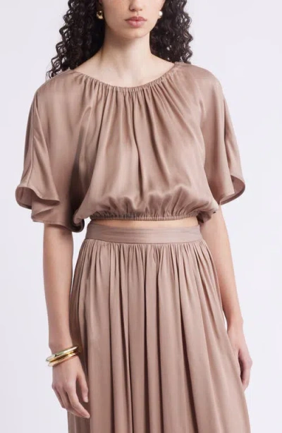 Nordstrom Flutter Sleeve Crop Top In Brown