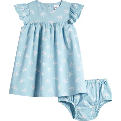 Nordstrom Babies'  Flutter Sleeve Dress & Bloomers In Blue Basalt Calico Floral