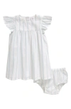 Nordstrom Babies'  Flutter Sleeve Dress & Bloomers In White- Blue Spaced Stripe