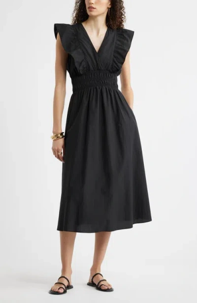 Nordstrom Flutter Sleeve Smocked Waist Midi Dress In Black