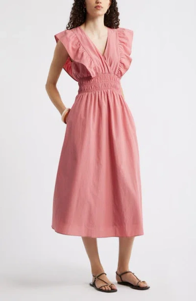 Nordstrom Flutter Sleeve Smocked Waist Midi Dress In Pink