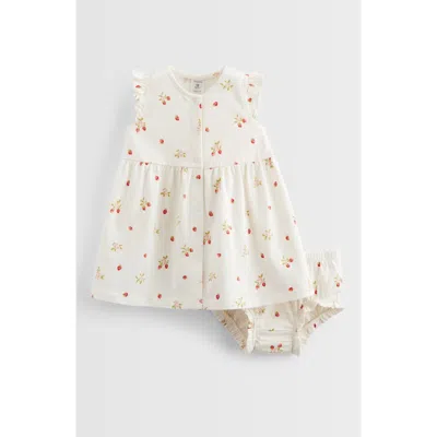 Nordstrom Babies'  Flutter Sleeve Snap Front Cotton Dress With Bloomers In Ivory Egret Strawberry Sprig
