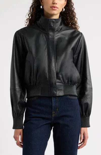 Nordstrom Funnel Neck Leather Bomber Jacket In Black