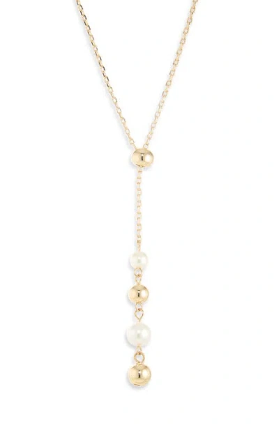 Nordstrom Imitation Pearl & Ball Slider Lariat Necklace In White- Gold