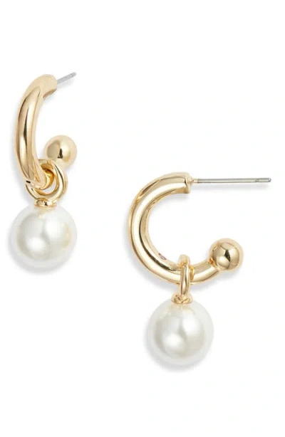 Nordstrom Imitation Pearl Drop Huggie Hoop Earrings In White- Gold
