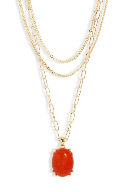 Nordstrom Jade Glass Pendant 3-tier Layered Necklace In Rust- Gold