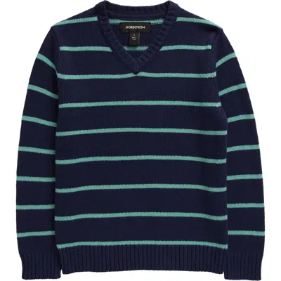 Nordstrom Kids' Cotton Blend V-neck Sweater In Navy Peacoat Green Legacy