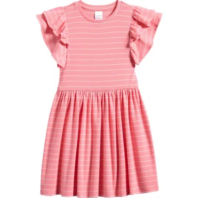 Nordstrom Kids' Double Ruffle Rib Dress In Pink Geranium Stripe