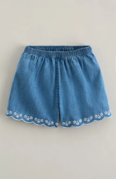 Nordstrom Kids' Embroidered Scalloped Hem Cotton Chambray Shorts In Blue