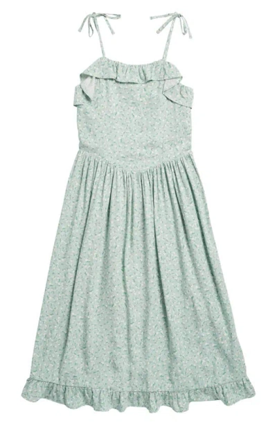 Nordstrom Kids' Floral Ruffle Tie Strap Sundress In Green Subtle Soft Blossoms